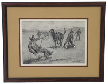 Frederic Remington (1861–1909) American, Wood Engraving "Taming a Mustang"
