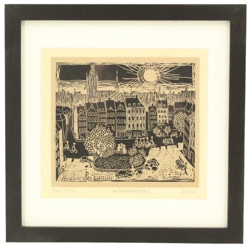 1965 Woodblock Print of Copenhagen Central Square: 1965 Woodblock Print of Copenhagen Central Square. Signed, dated, and titled below image. Titled "Grabrodretorv" ("Greyfriars Square") signed Saro, and "Egret Tryk" 