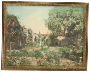 Vintage Hand Tinted Photo of San Juan Capistrano Courtyard