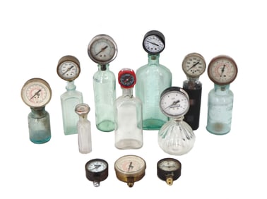 Group of Vintage (12) PSI Gauges and (9) Bottles