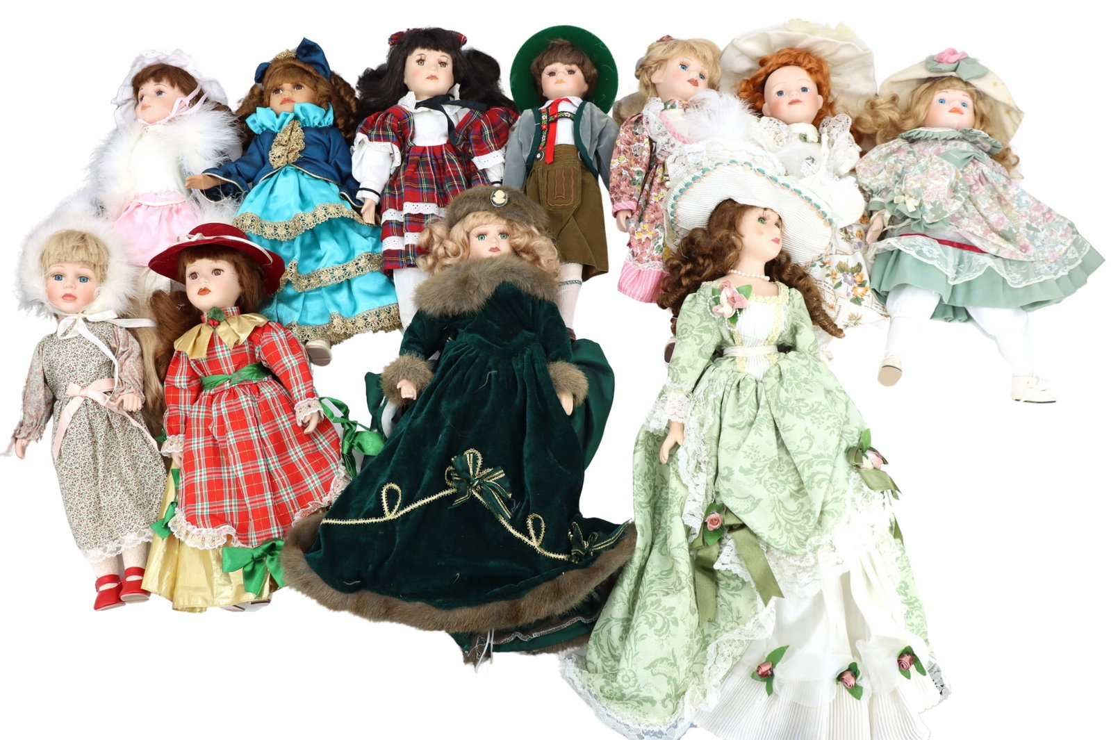 (11) Mid-Century German Dolls: (11) Mid-Century German Dolls. Lot comprised of eleven md-century German dolls in various outfits. Including display stands. Mid-century German dolls were known for their high-quality craftsmanship, o