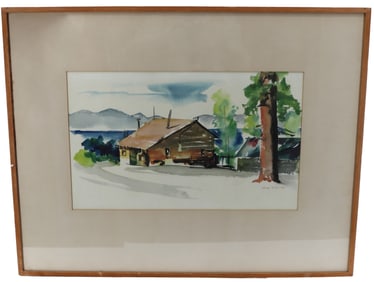 Tilya Read 1944 Watercolor of a Cabin on a Mountain Lake