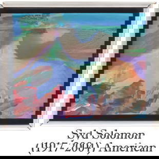 Syd Solomon (1917-2004) American, Acrylic on Mounted Stock "Coastal Swirl": Syd Solomon (1917-2004) American, Acrylic on Mounted Stock "Coastal Swirl". Abstract painting with blues, reds, oranges, green, and purple. Signed in the lower right. Titled "Coastal Swirl" on the