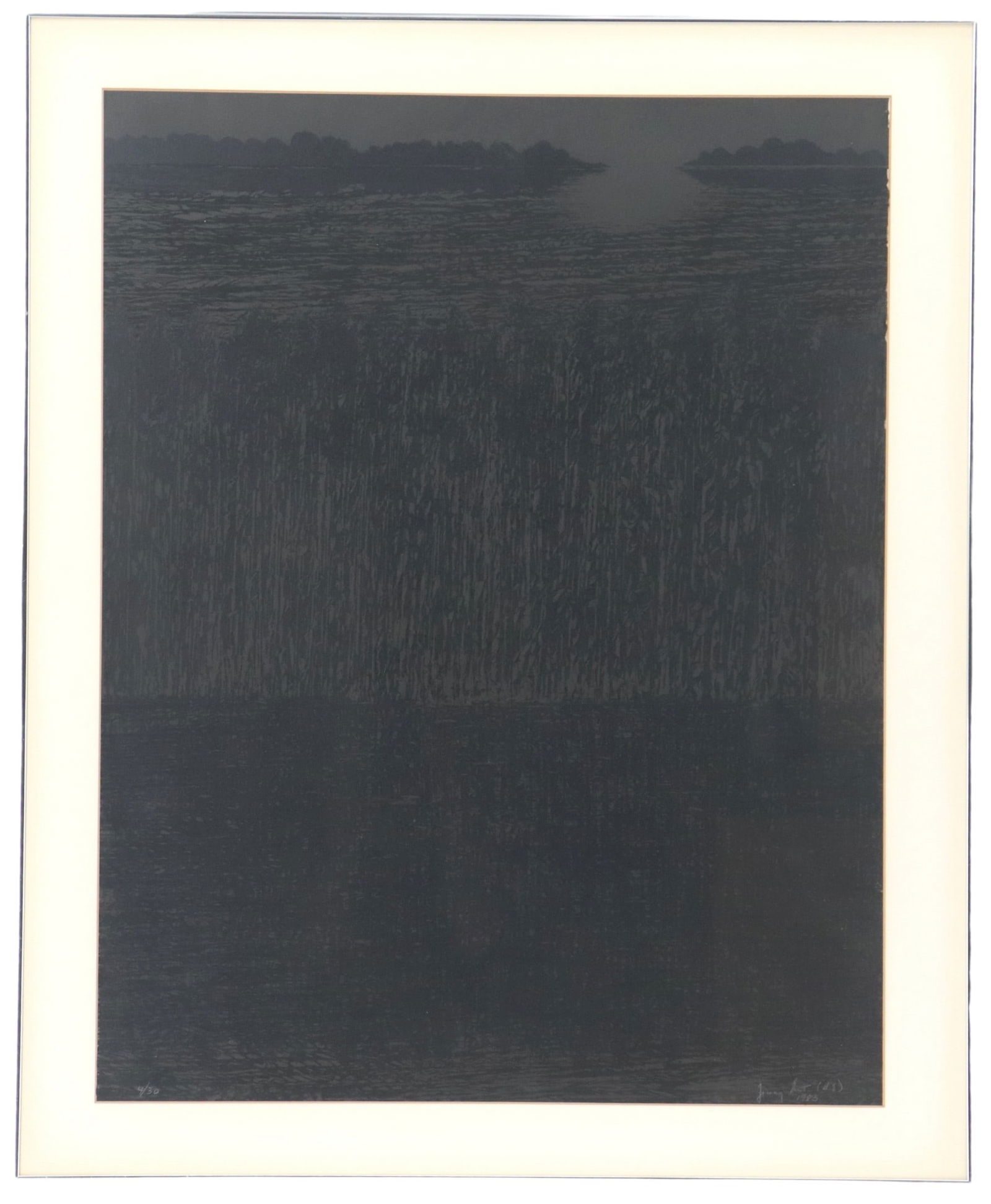 Jimmy Ernst (1920-1984) American, Multi Ink Serigraph "Sea of Grass": Jimmy Ernst (1920-1984) American, Multi Ink Serigraph "Sea of Grass". Depicting a landscape in dark colors with grass, water, and reflections. Signed Jimmy Ernst 1983 in the lower right. Low