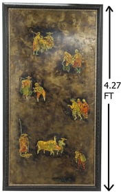 Philip and Kelvin LaVerne Large Painting in Patinated and Engraved Bronze and Pewter with Enamel