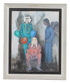 Joseph Jeswald (1927–2009) American, Oil on Canvas Surreal Impressionist Figural Scene, "How A I