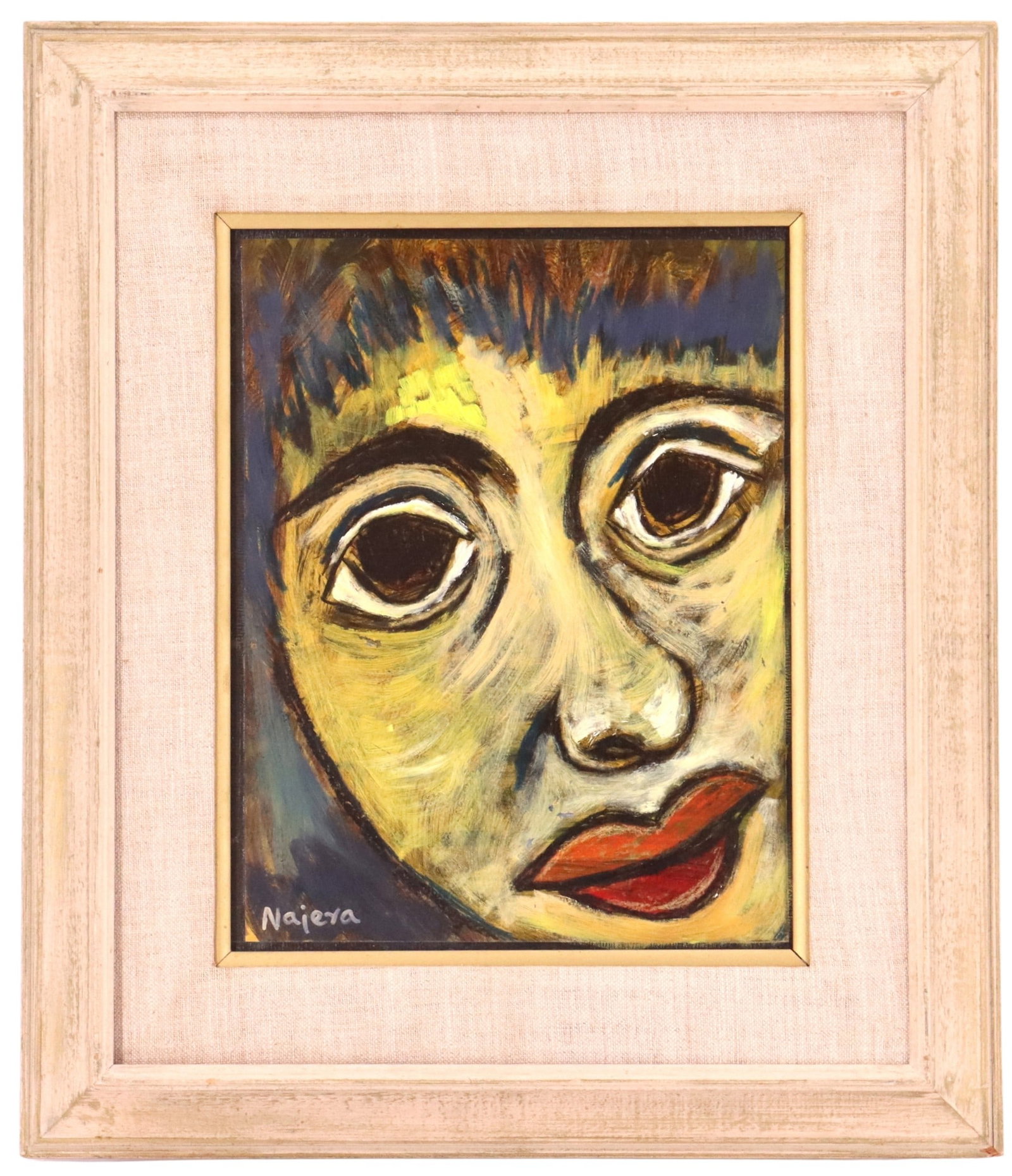 Hector Najera (1931-2004) Mexican, Oil on Board: Hector Najera (1931-2004) Mexican, Oil on Board. Displays a surrealist face in extreme close-up. Signed in bottom left. Overall Size: 21 x 18 in. Sight Size: 13 1/4 x 10 in. 