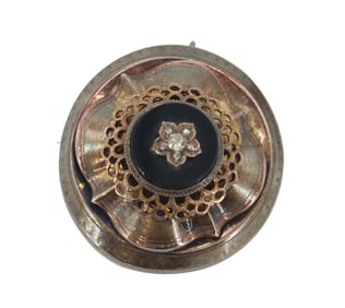 10k Gold, Onyx, Metal, and Diamond Brooch - Gross 11.9 g.