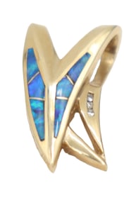 14k Gold, Australian Opal and Channel Diamonds Pendant - Gross 9.4 g.