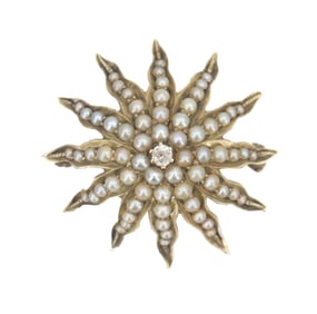 Tested 14k Gold, Seed Pearl, and Diamond Brooch/Pendant - Gross 4.1 g.