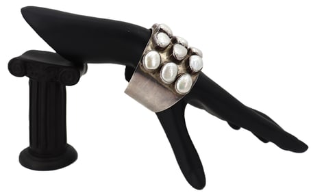 Marked 925 Silver and Faux Pearl Cuff Bracelet - Gross 3.965 ozt.
