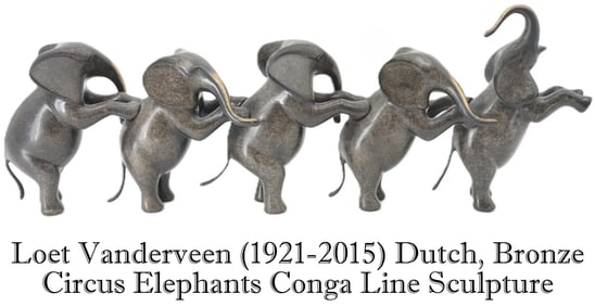 Loet Vanderveen (1921-2015) Dutch, Bronze Circus Elephants Conga Line Sculpture