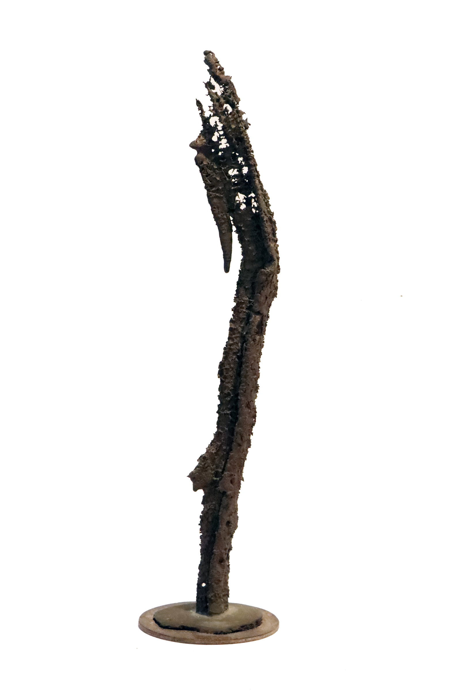 Vintage Bronze Brutalist Sculpture on Wooden Disc Base: Vintage Bronze Brutalist Sculpture on Wooden Disc Base. Pitted bronze brutalist sculpture. Incise signature on base. Brutalist artwork is characterized by its raw, unapologetic aesthetic, often emphas