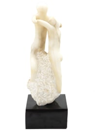 Vintage Carved Marble Figural Sculpture on Polished Black Base