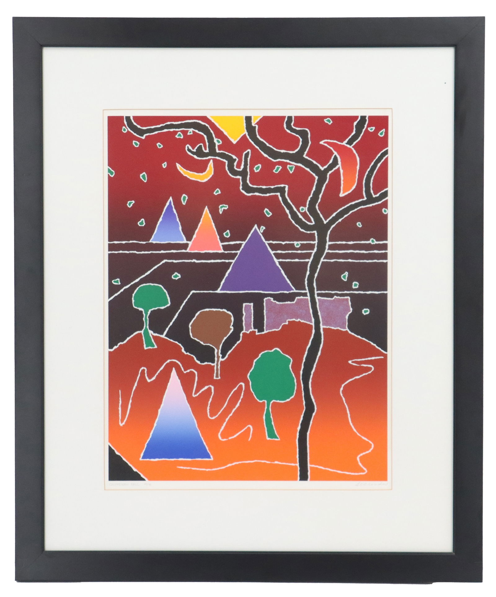 Arthur Secunda (1927-2022) American, Abstract Numbered and Signed Serigraph: Arthur Secunda (1927-2022) American, Abstract Numbered and Signed Serigraph. Shows a landscape with trees, moons, and wigwam shapes surrounded by falling leaves and varied lines. Titled in p