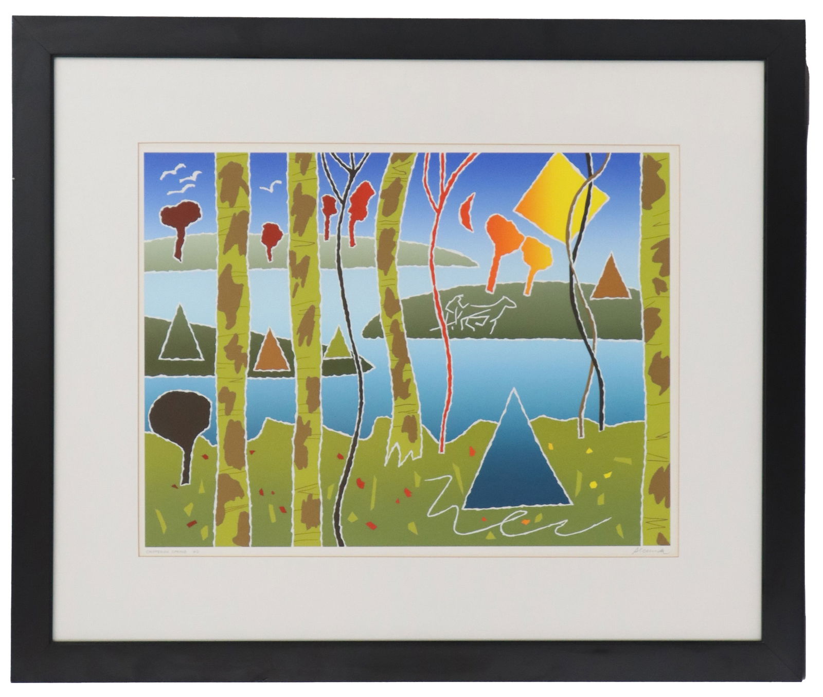 Arthur Secunda (1927-2022) American, Abstract Signed Hors de Commerce Proof: Arthur Secunda (1927-2022) American, Abstract Signed Hors de Commerce Proof. Serigraph shows a landscape with rivers, trees, birds in the sky, and wigwam shapes surrounded by varied lines an