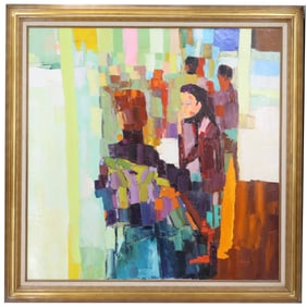 Sidney Smiley (1912–2002) American, Oil on Canvas Palette Knife Impressionist Crowd Scene