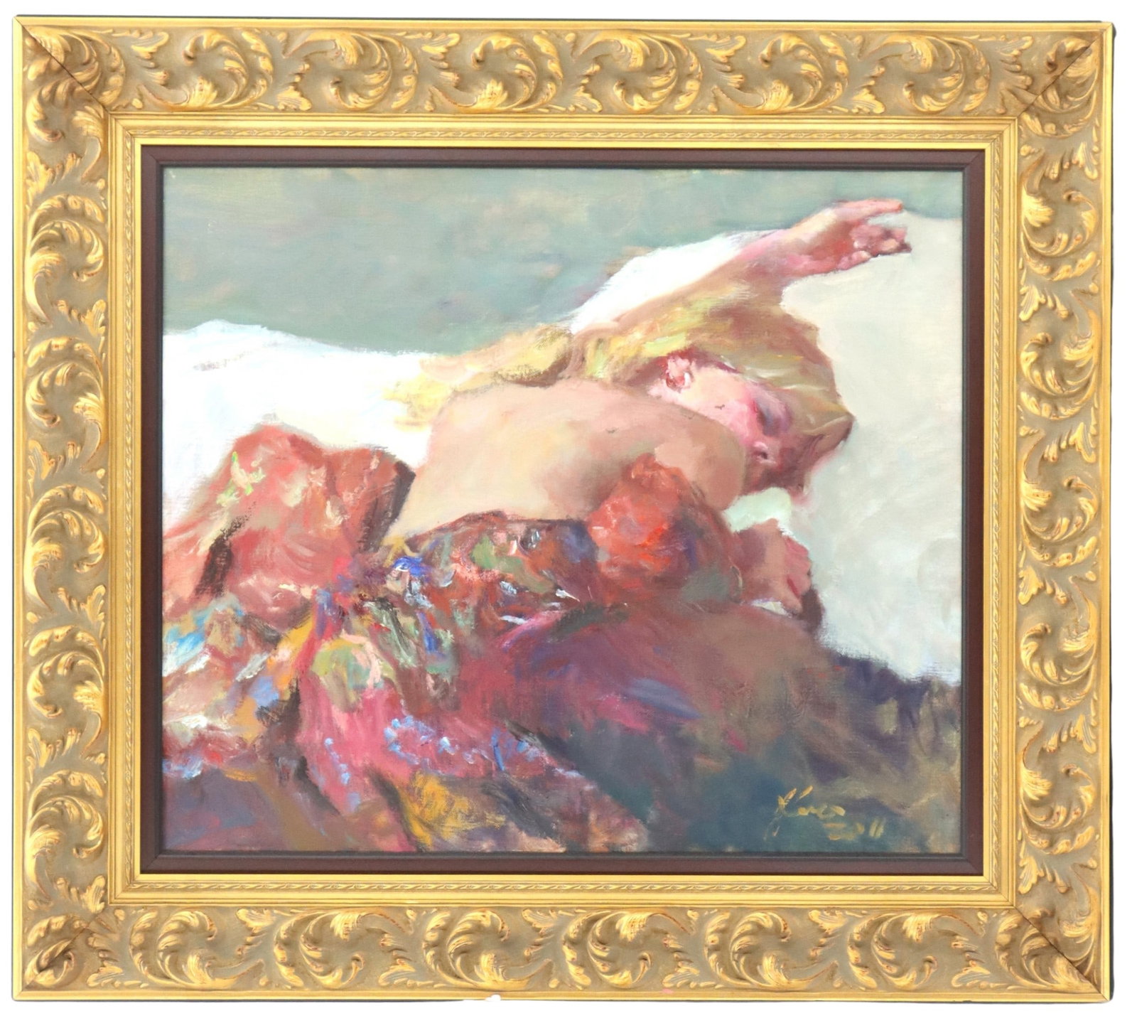 Hua Chen (Born 1952) Chinese/American, Post-Impressionist Oil on Canvas: Hua Chen (Born 1952) Chinese/American, Post-Impressionist Oil on Canvas. An original painting depicting a nude woman resting on her stomach under the covers on a bed, looking back at the artist coyly.