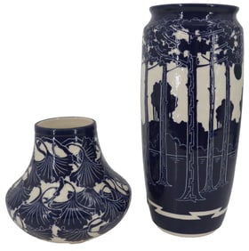 Ken Tracy (Born 1952) American, (2) Cobalt Blue and White Ceramic Pottery Vases