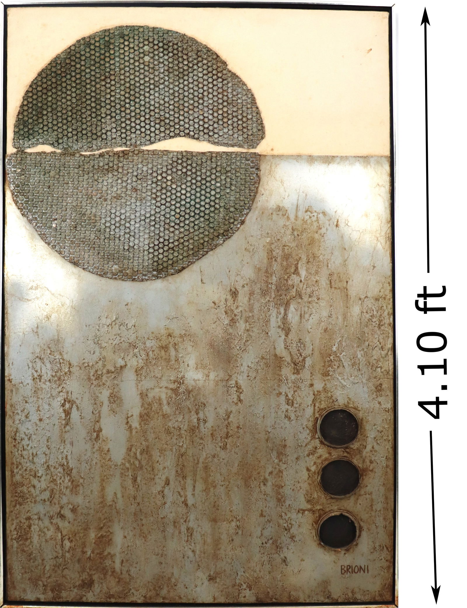 BRIONI (20th Century) Italian, Large Mixed Media Abstract Black Sun: BRIONI (20th Century) Italian, Large Mixed Media Abstract Black Sun. Signed in lower right. A large mixed media composition of a black sun rising over an indistinct backdrop. Sun decorated with