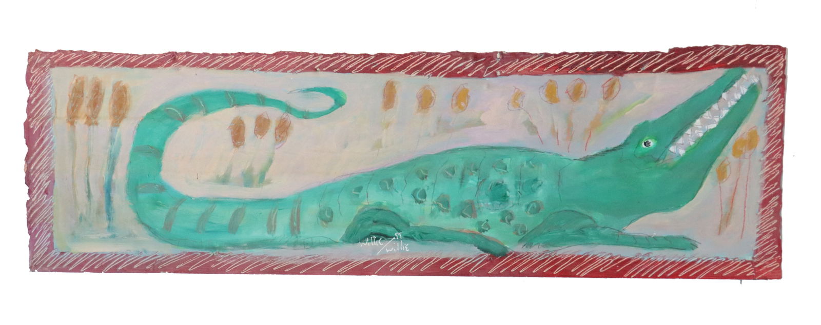 Willie Willie (Born 1954) American, Housepaint on Tin Outsider Art: Willie Willie (Born 1954) American, Housepaint on Tin Outsider Art. Housepaint on tin illustration of an alligator amid reeds. Signed Willie Willie, lower middle. Dated April 11, 1999. Marked verso &q