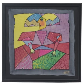 Signed Pop-Art Cubist Jester Painting on Wax Paper