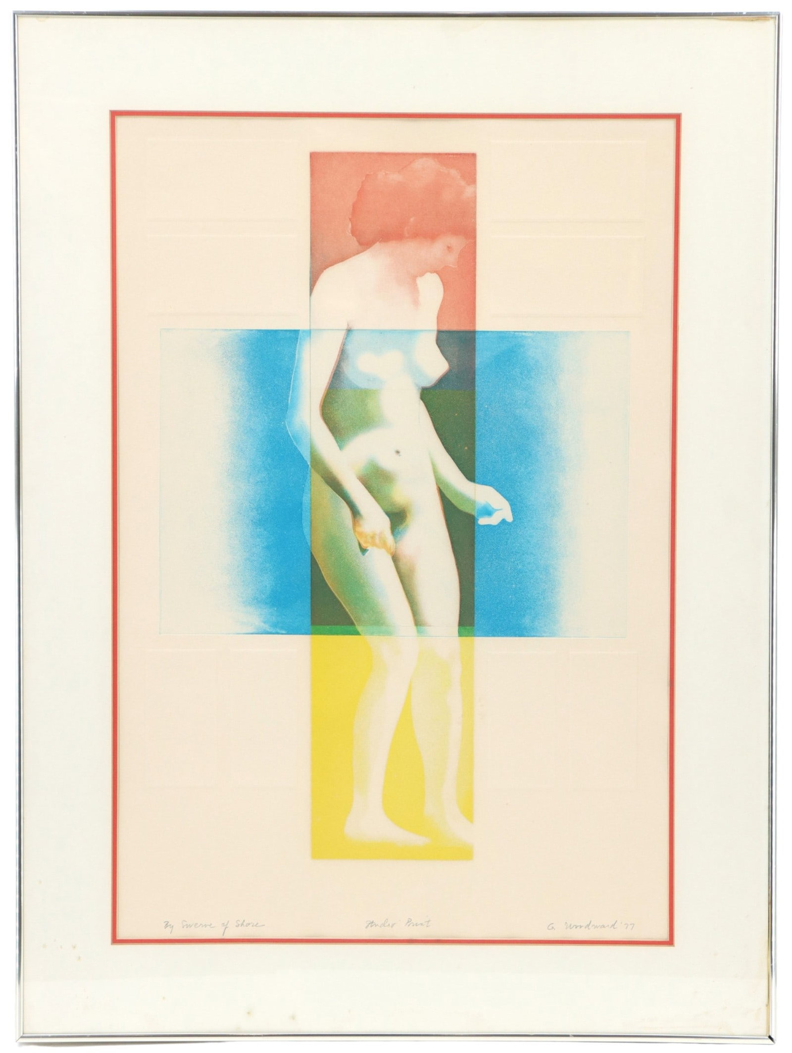 George Woodward (Born 1949) American 1977 Studio Print of a Nude "By Swerve of Shore": George Woodward (Born 1949) American 1977 Studio Print of a Nude "By Swerve of Shore". Signed and titled in pencil. Woodward exhibited in the California Society of Printmakers shows beginnin