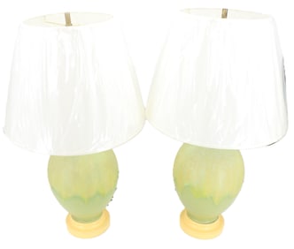 Pair of Mid Century Modern Yellow and Green Pottery Drip Glaze Vase Table Lamps