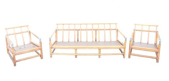 In The Manner of John Wisner Ficks Reed Bamboo Rattan Chairs & Sofa Set