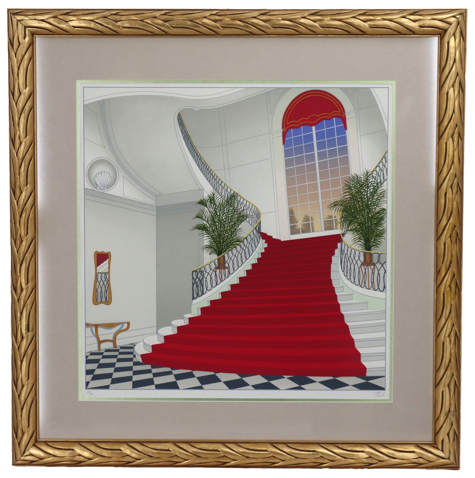 Francois Ledan (Born 1949) French/American, Signed and Numbered Serigraph: Francois Ledan (Born 1949) French/American, Signed and Numbered Serigraph. #86 on contract. Depicts a regal central staircase in an opulent foyer in his trademark perspective-skewing style. Signed bot