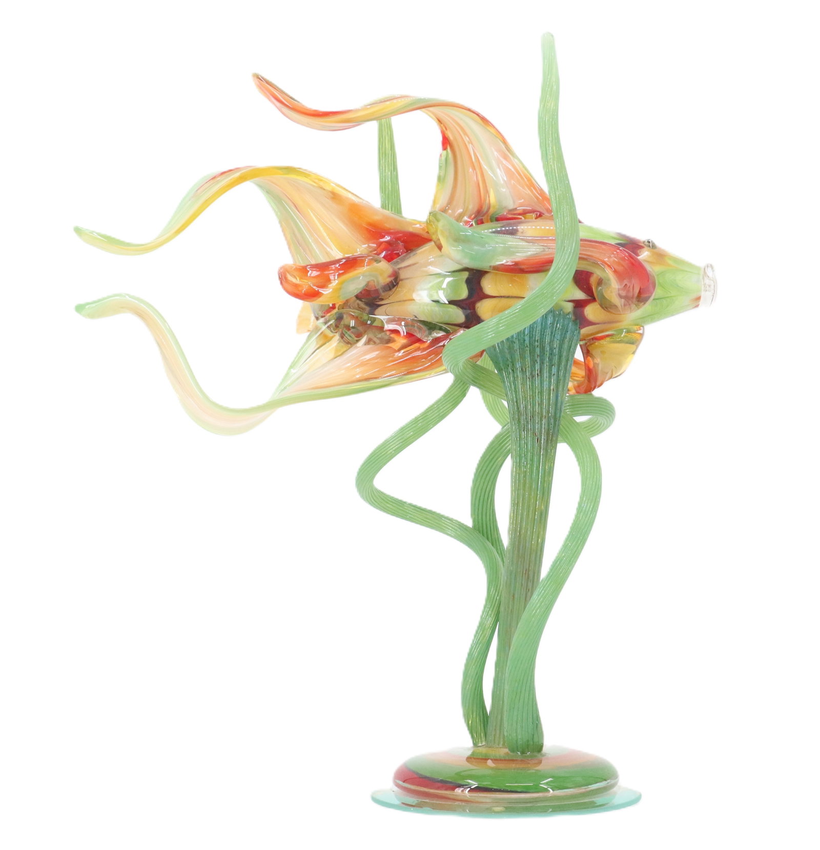 Modern Studio Art Glass Fish and Seaweed Sculpture: Modern Studio Art Glass Fish and Seaweed Sculpture. A studio art glass sculpture. A colorful life-sized marine life work depicting a fish swimming in seaweed. Fish modeled swimming in a stand of green
