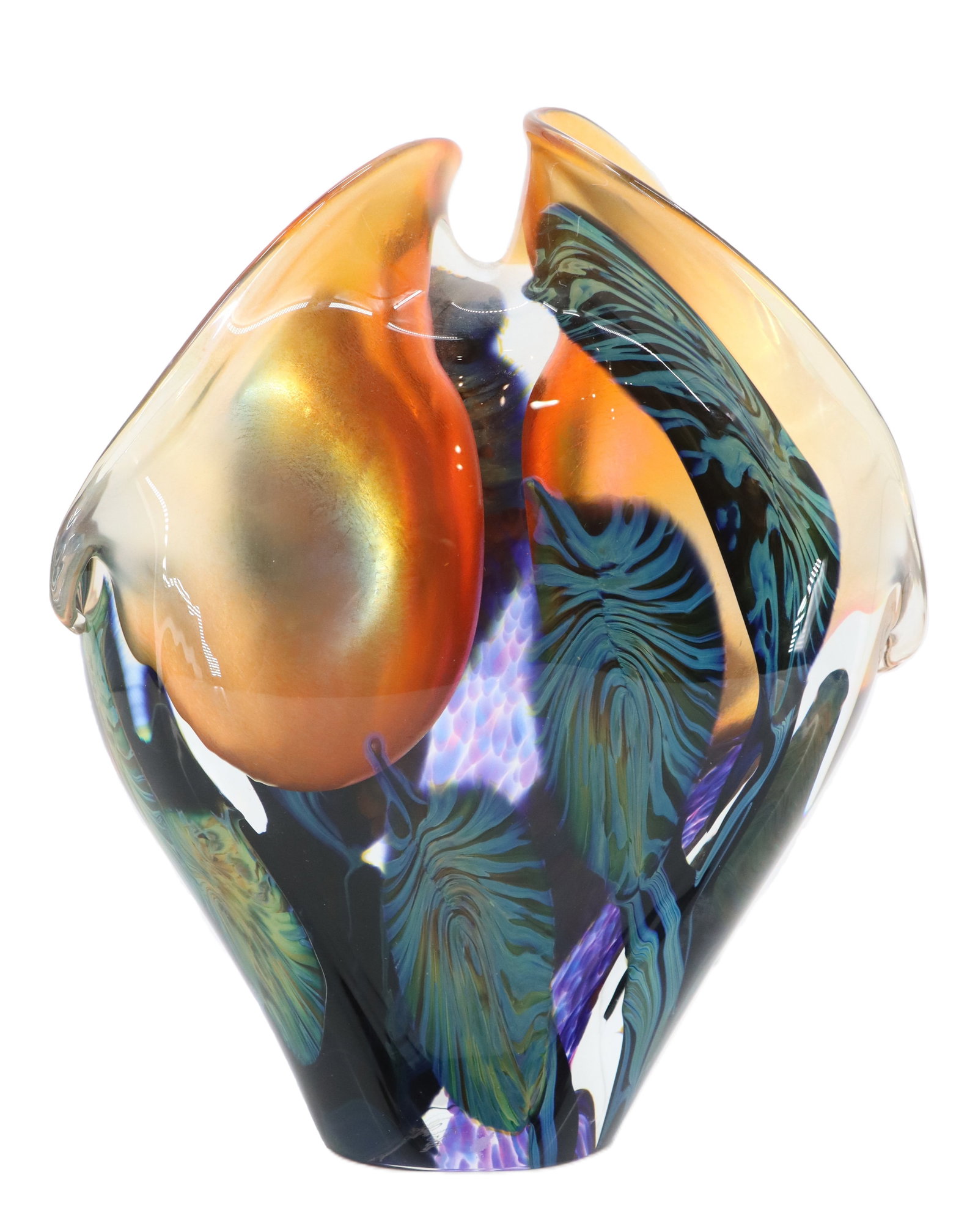 David Lotton, American, Art Glass Double Tulip Vase: David Lotton, American, Art Glass Double Tulip Vase. Signed on underside. The vase features a prominent orange-gold, iridescent section that gleams with a metallic luster, contrasting beautifull