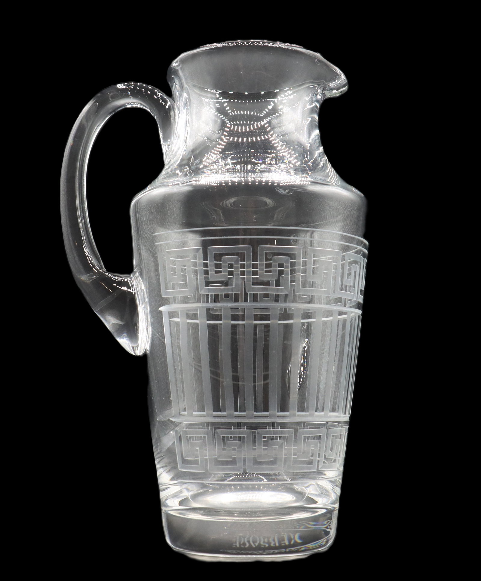 Rosenthal Verace Greek Key Pitcher: Rosenthal Verace Greek Key Pitcher. Marked near bottom. It is made of clear glass and features a Greek key (Meander) pattern etching with vertical lines all around. Size: 6 1/2 x 5 x 