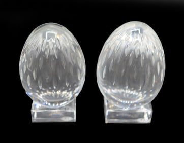 (2) French Baccarat Crystal Dimple Egg-Shaped Paperweights on Stands
