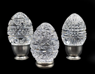 (3) Waterford Cut Glass Annual Easter Egg Paperweights on Pewter Holders