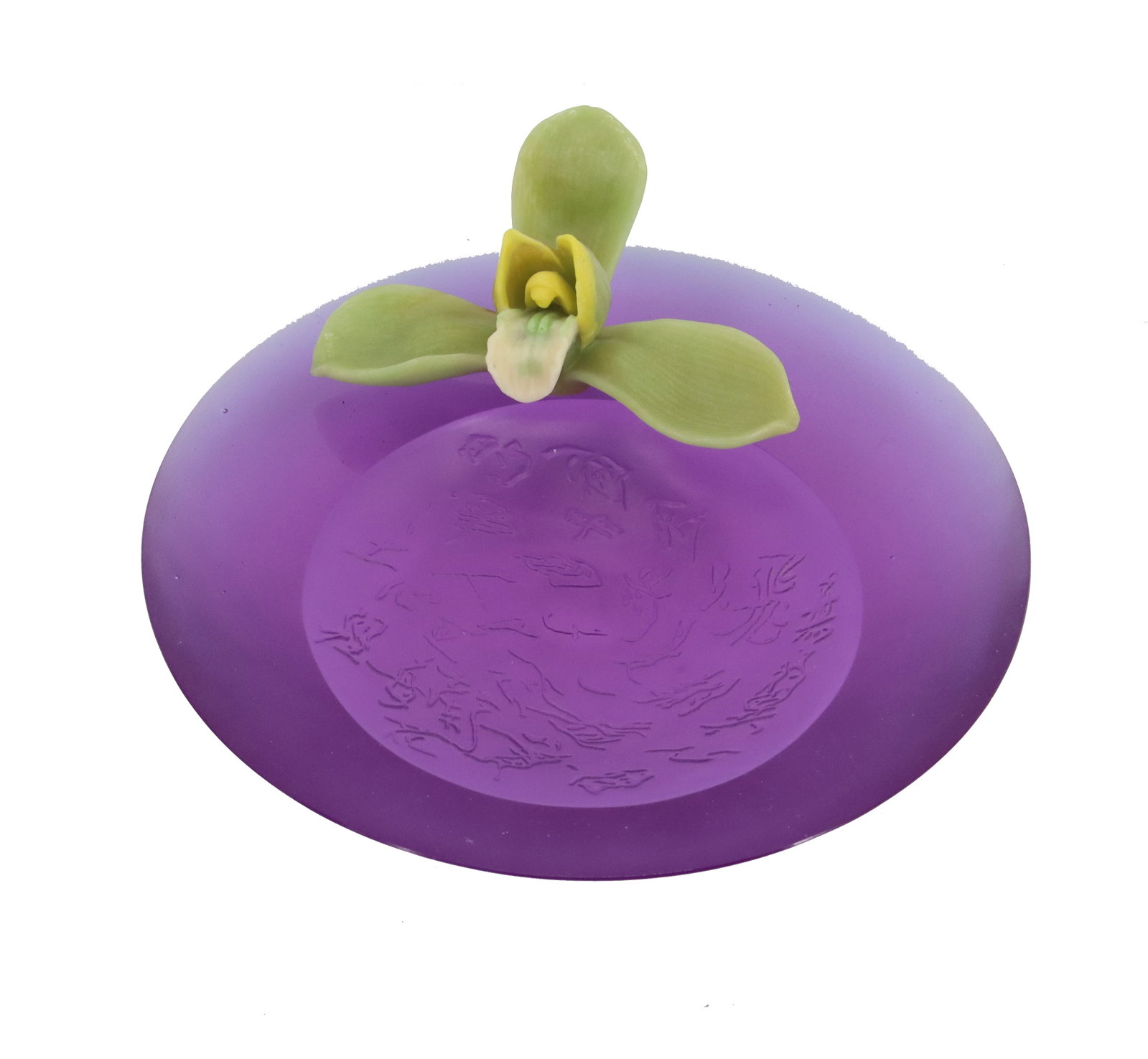 Liuli Purple and Green Orchid Glass Bowl: Liuli Purple and Green Orchid Glass Bowl. Purple glass bowl with a green orchid poised near the edge. Chinese characters can be found in the middle of the bowl. Marking near bottom of orchid. Signed L