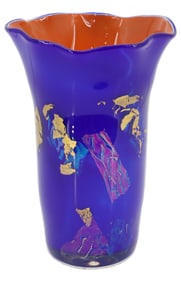 Gary Zack (Born 1950) American, Cobalt and Orange Gilt Art Glass Vase
