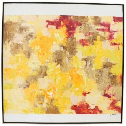 Milt Surrey (Born 1922-2004) American, Oil on Canvas Abstract: Milt Surrey (Born 1922-2004) American, Oil on Canvas Abstract. Large oil on canvas abstract painting in predominantly yellow and gray with red accents. Signed lower right. Framed. Condition: Comm