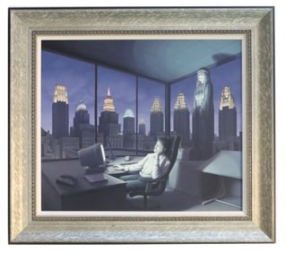 Rob Gonsalves (1959-2017) Canadian, Magic Realist Cityscape Acrylic on Canvas