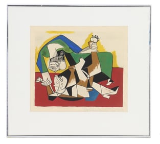 After Pablo Picasso (1881–1973) Spain, Abstract Cubism Lithograph Print "Woman Playing With Dog"
