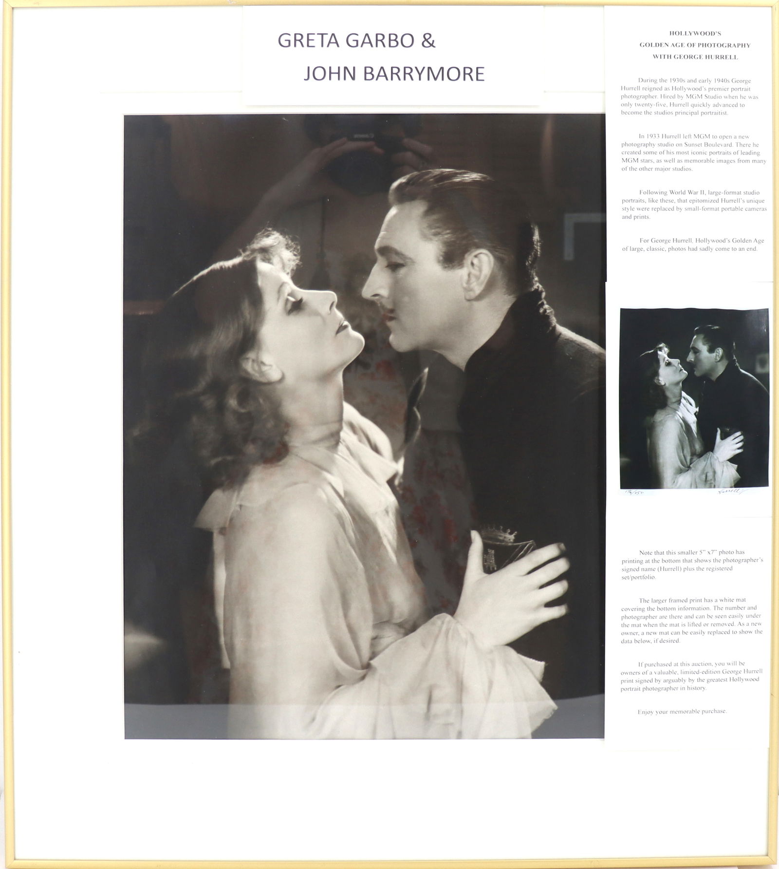 George Hurrell (1904-1992) American, Photo Print of Greta Garbo and John Barrymore: George Hurrell (1904-1992) American, Photo Print of Greta Garbo and John Barrymore. This image comes from Grand Hotel (1932), and John Barrymore (1882-1942) was so thrilled at the opportunity to perfo