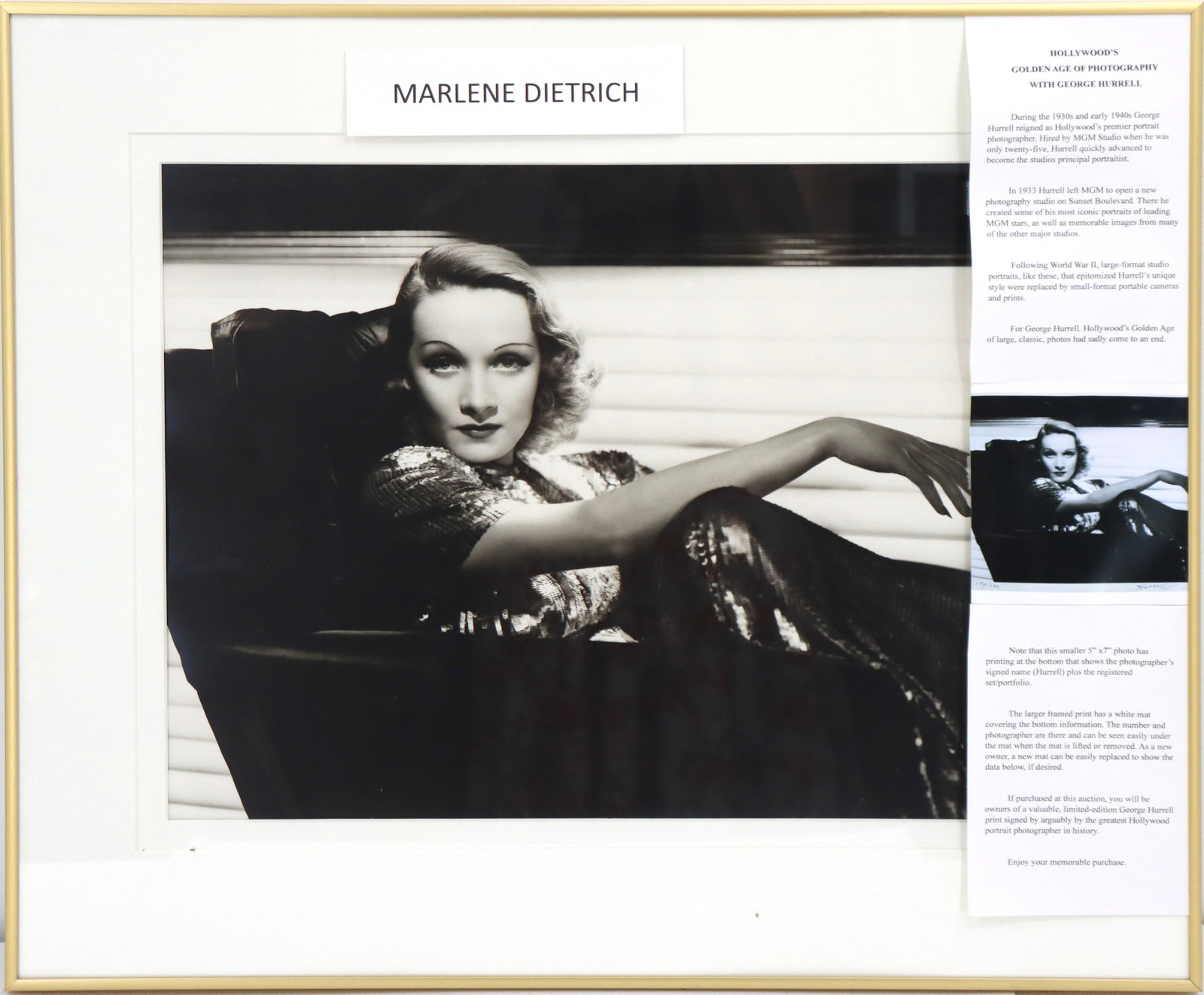 George Hurrell (1904-1992) American, Signed Photographic Print of Marlene Dietrich: George Hurrell (1904-1992) American, Signed Photographic Print of Marlene Dietrich. Marie Magdalene “Marlene” Dietrich was born on December 27th, 1901 in Berlin, Germany. One of the most i