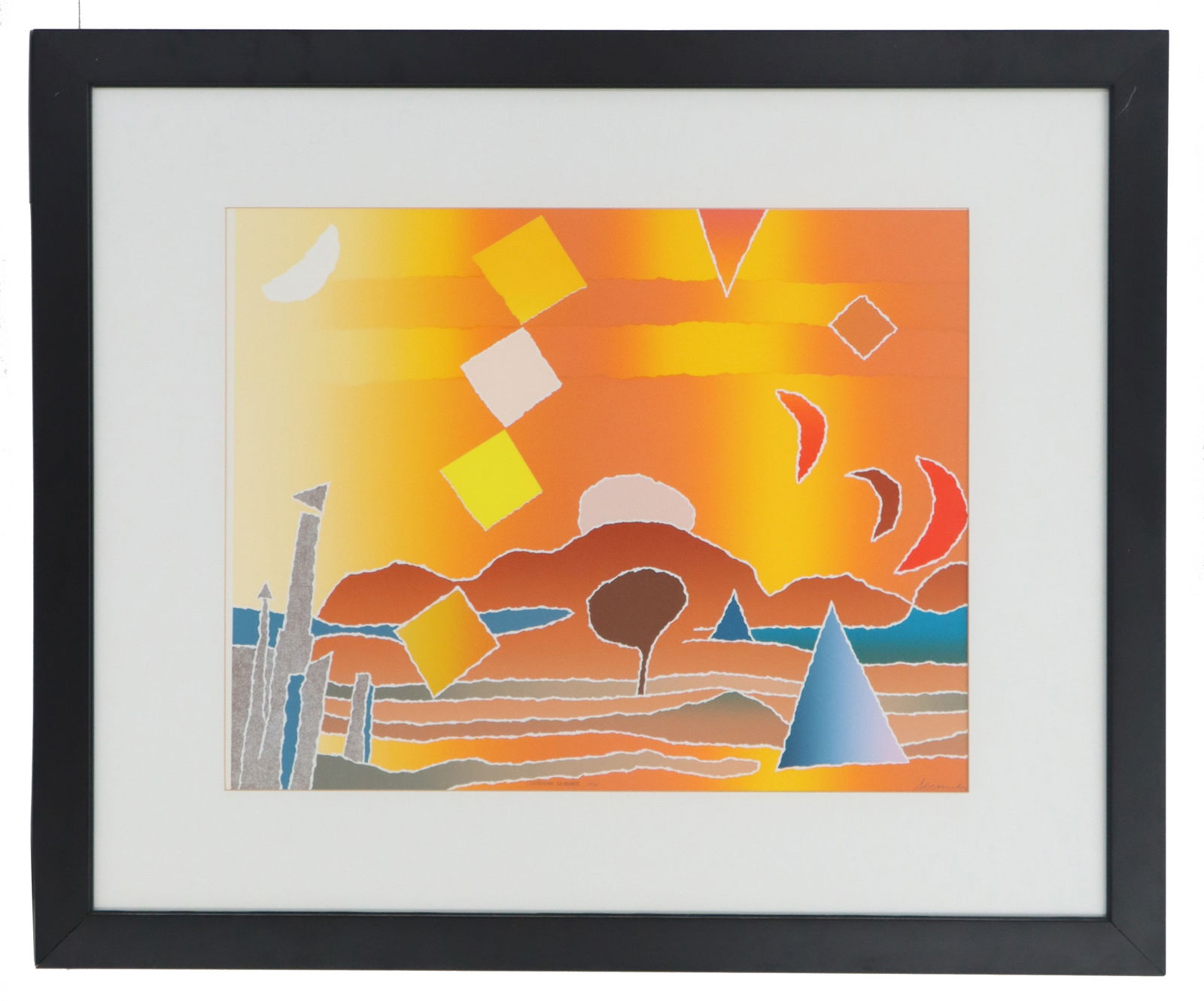 Arthur Secunda (1927-2022) American, Abstract Numbered and Signed Serigraph: Arthur Secunda (1927-2022) American, Abstract Numbered and Signed Serigraph. Shows a landscape with a tree, moons, mountains, suns, and other shapes in an orange and yellow hued h