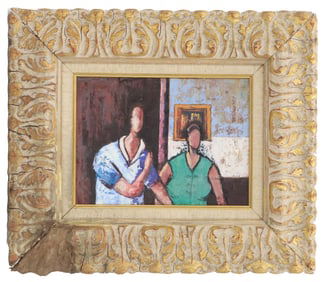 Modernist Signed Oil on Board Painting of Two Women