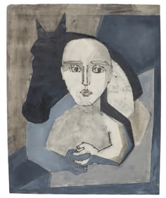 Watercolor on Paper Abstract Cubist Paintings of Man and Horse
