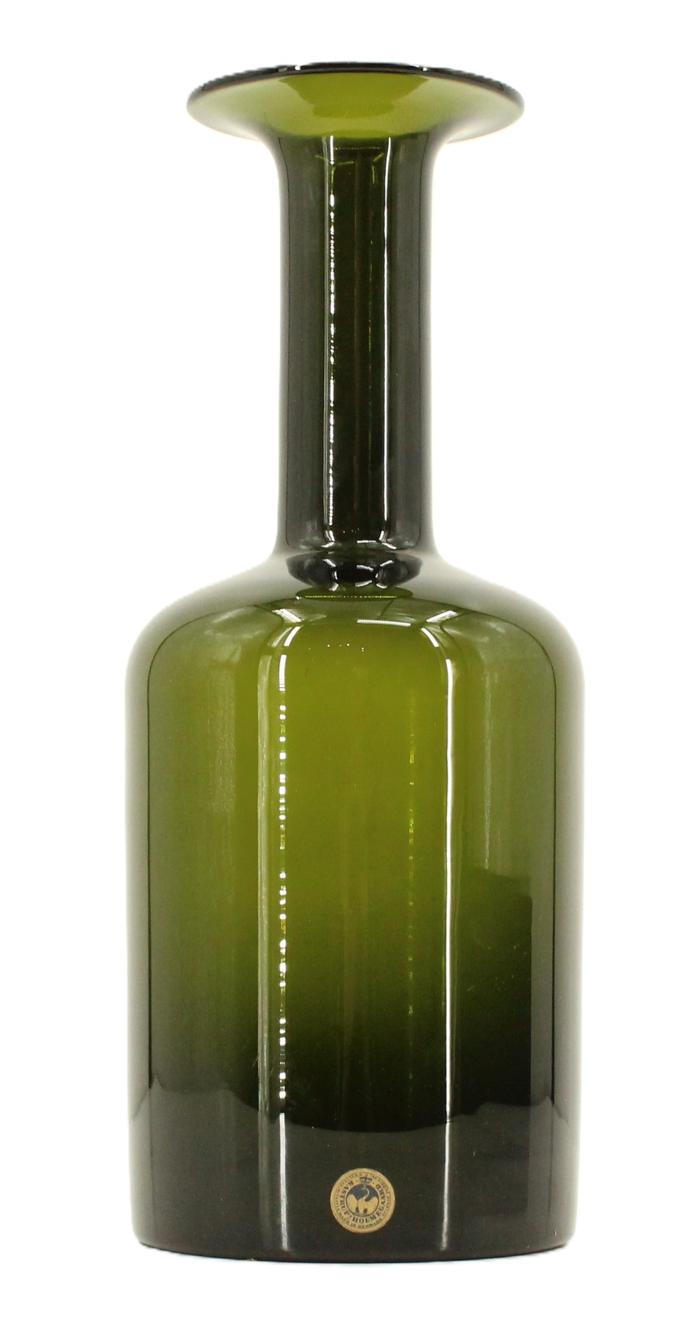 1960s Danish Holmegaard Green Art Glass GUL Vase: 1960s Danish Holmegaard Green Art Glass GUL Vase. Created by Danish designer Otto Brauer (1911-1984). Mid Century Modern style with a stout wide body, thin tall neck, and heavily flared rim. Comp