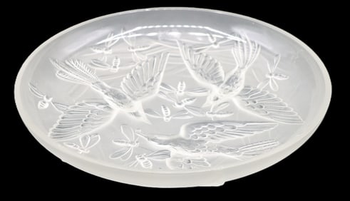 Verlys Art Glass Bowl with Birds and Dragonflies in Relief