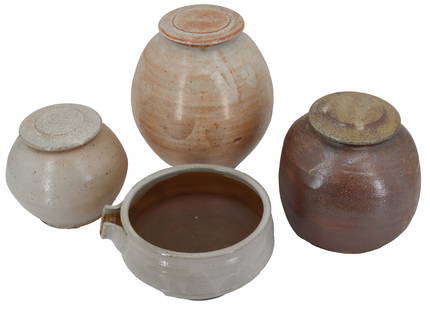 Warren MacKenzie (1924-2018) American, (4) Marked Stillwater Stoneware Pieces: Warren MacKenzie (1924-2018) American, (4) Marked Stillwater Stoneware Pieces. Three are lidded vases and one is a teapot with no lid. Each has his "W" mark near or on the base. C