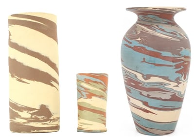 (3) American Swirl Vases, 2 Niloak by Eagle Pottery and 1 by William J. Gordy (1910-1993)