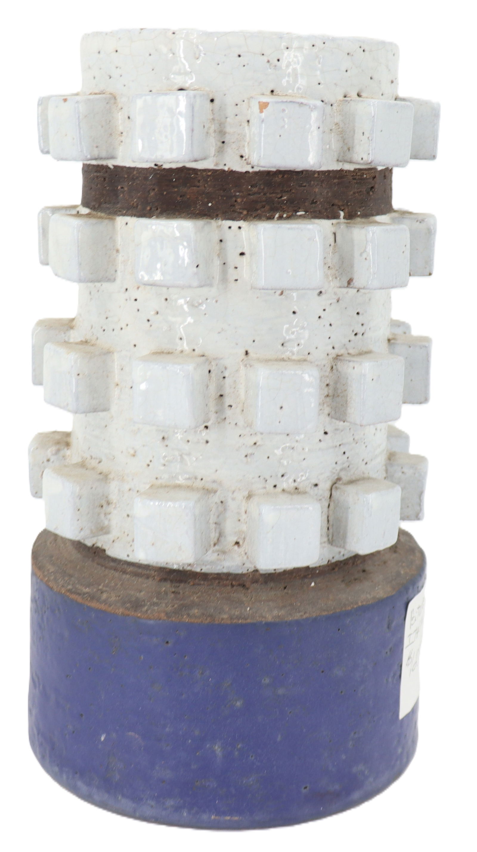 Italian Bitossi Vase: Italian Bitossi Vase. Unique vase by Bitossi composed of geometric cubes rising up along the long of a cylindrical vase with black neck. Placed on dark blue base. Attributed by label of base. Size:&nb